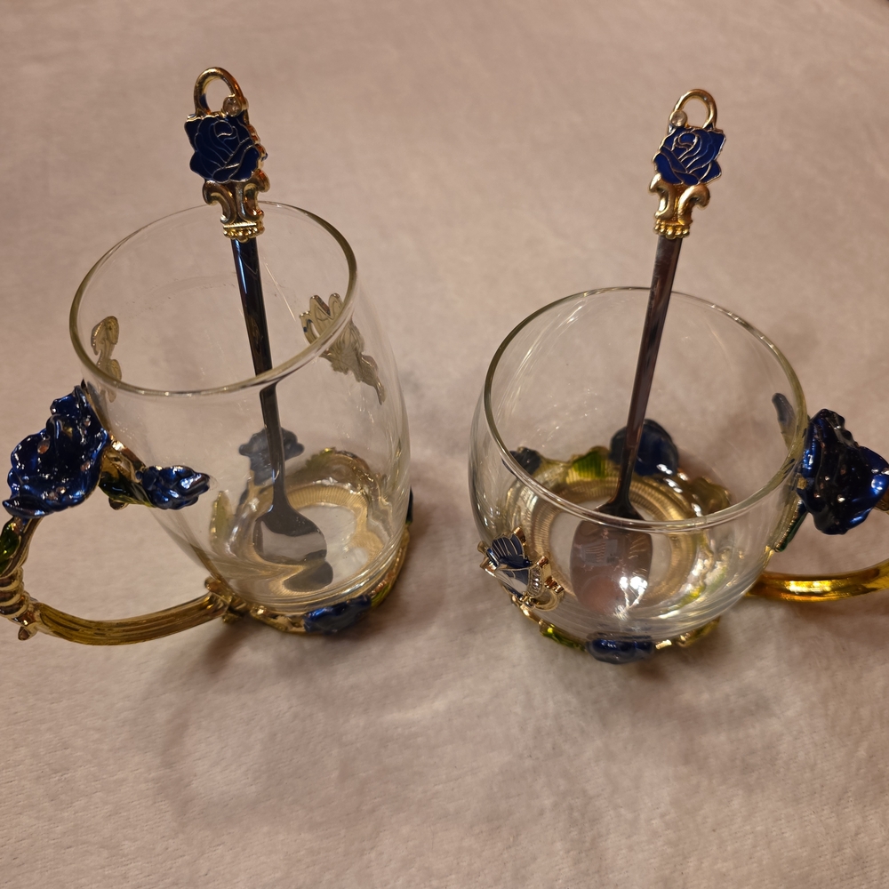 Love Blue and Gold Glass Mugs with Spoons